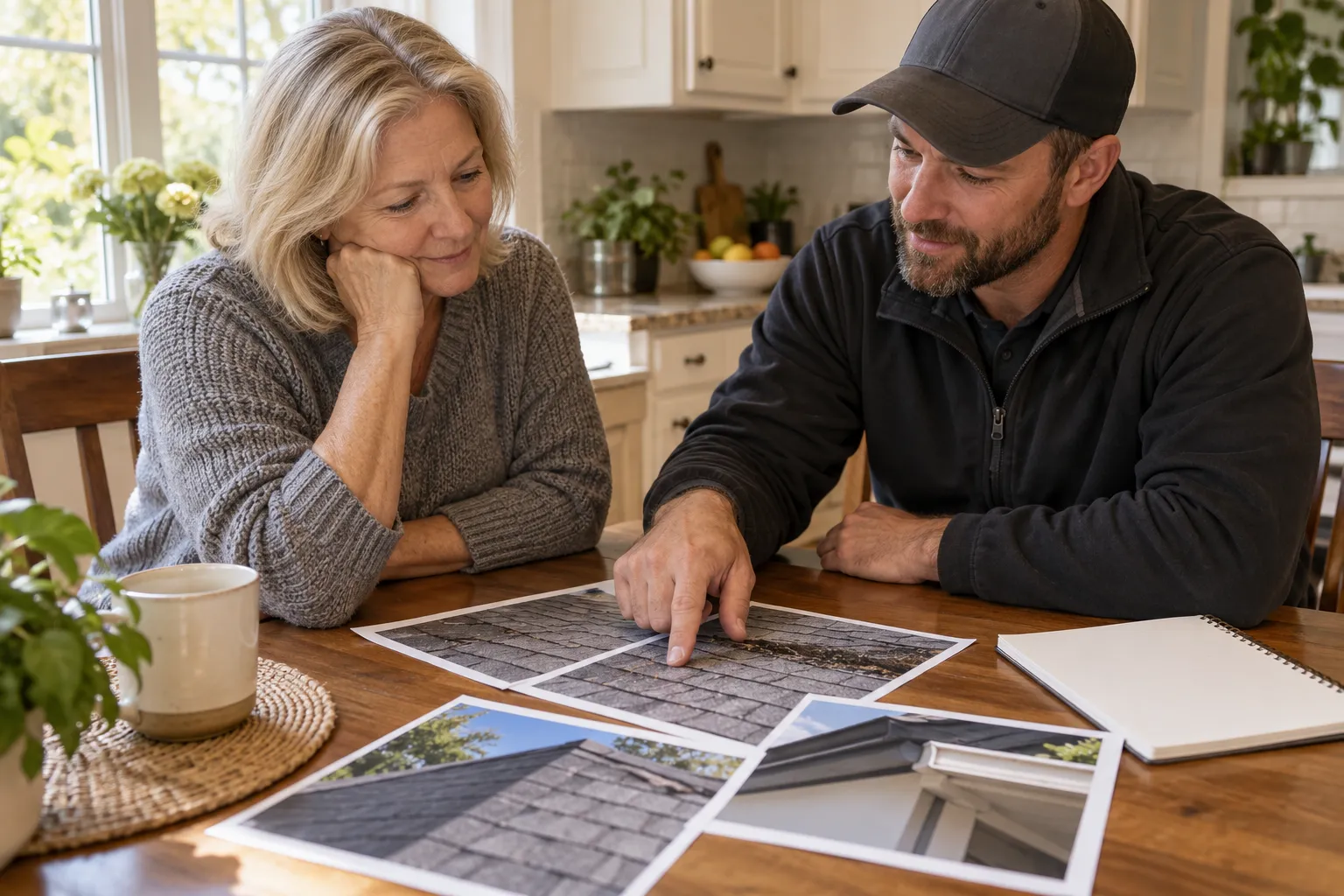 A homeowner reviewing roof photos and notes with a roofing provider