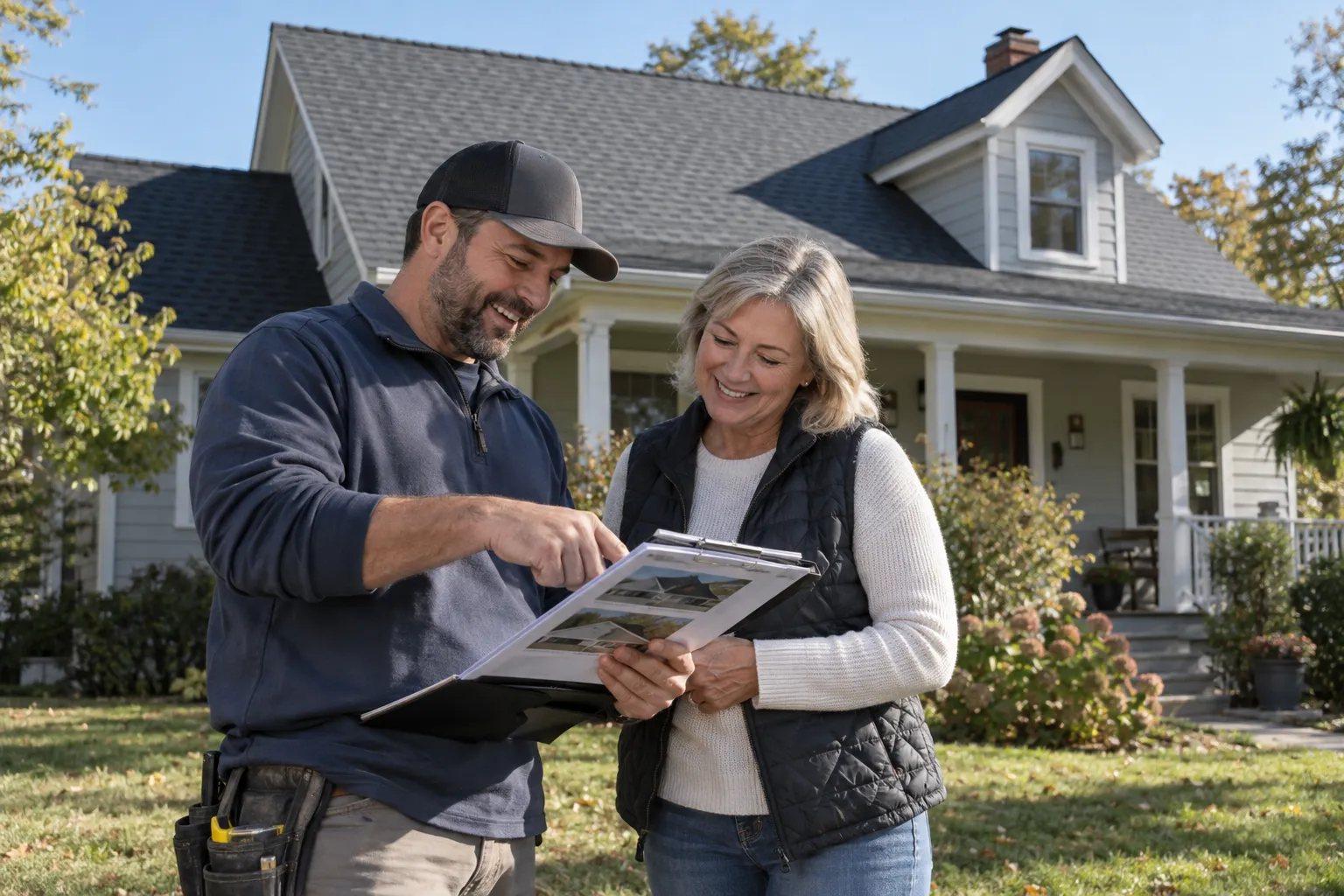 Independent roofing provider and a Huntley homeowner reviewing a roof replacement estimate in front of a frame house