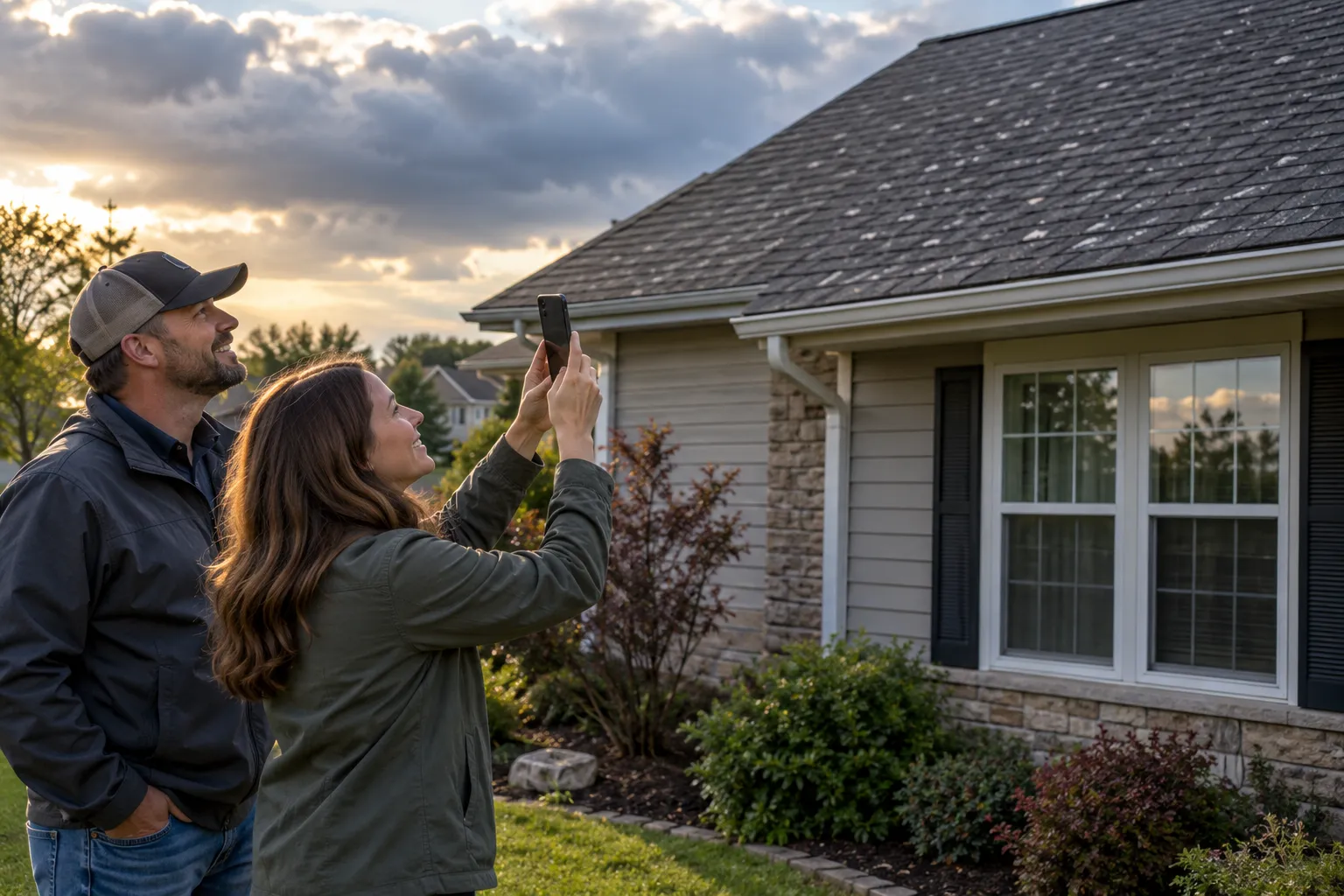 Local provider inspecting a hail-damaged shingle roof on a home in Huntley while a homeowner takes notes